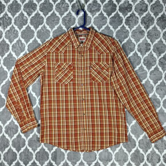 Levi's Western Shirt Men Medium Plaid Pearl Snap Long Sleeve - Picture 1 of 11